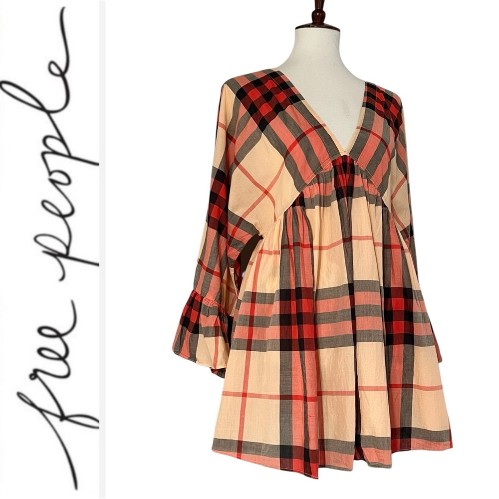 Free People Lindsay Plaid V Neck Tunic Size XS